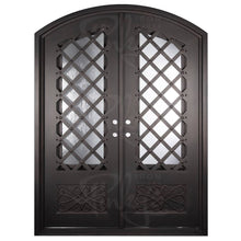 Load image into Gallery viewer, Double entryway doors made with a thick steel and iron frame and two paned windows behind an intricate iron pattern. Doors are thermally broken to protect from extreme weather.
