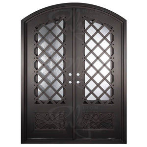 Double entryway doors made with a thick iron frame. Doors feature 3/4 glass panels behind intricate iron designs.