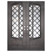 Load image into Gallery viewer, Double entryway doors made with a thick iron frame. Doors feature 3/4 glass panels behind intricate iron designs.