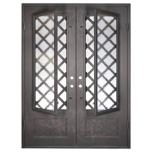 Double entryway doors made with a thick steel and iron frame and two paned windows behind an intricate iron pattern. Doors are thermally broken to protect from extreme weather.