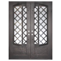 Double entryway doors with a glass panel behind intricate iron detailing. Doors are made of iron and steel and are thermally broken to protect from extreme weather.