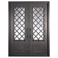 Double entryway doors made with a thick iron frame. Doors feature 3/4 glass panels behind intricate iron designs.