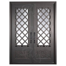 Load image into Gallery viewer, Double entryway doors made with a thick iron frame. Doors feature 3/4 glass panels behind intricate iron designs.
