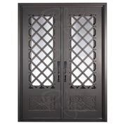 Double entryway doors with a glass panel behind intricate iron detailing. Doors are made of iron and steel and are thermally broken to protect from extreme weather.