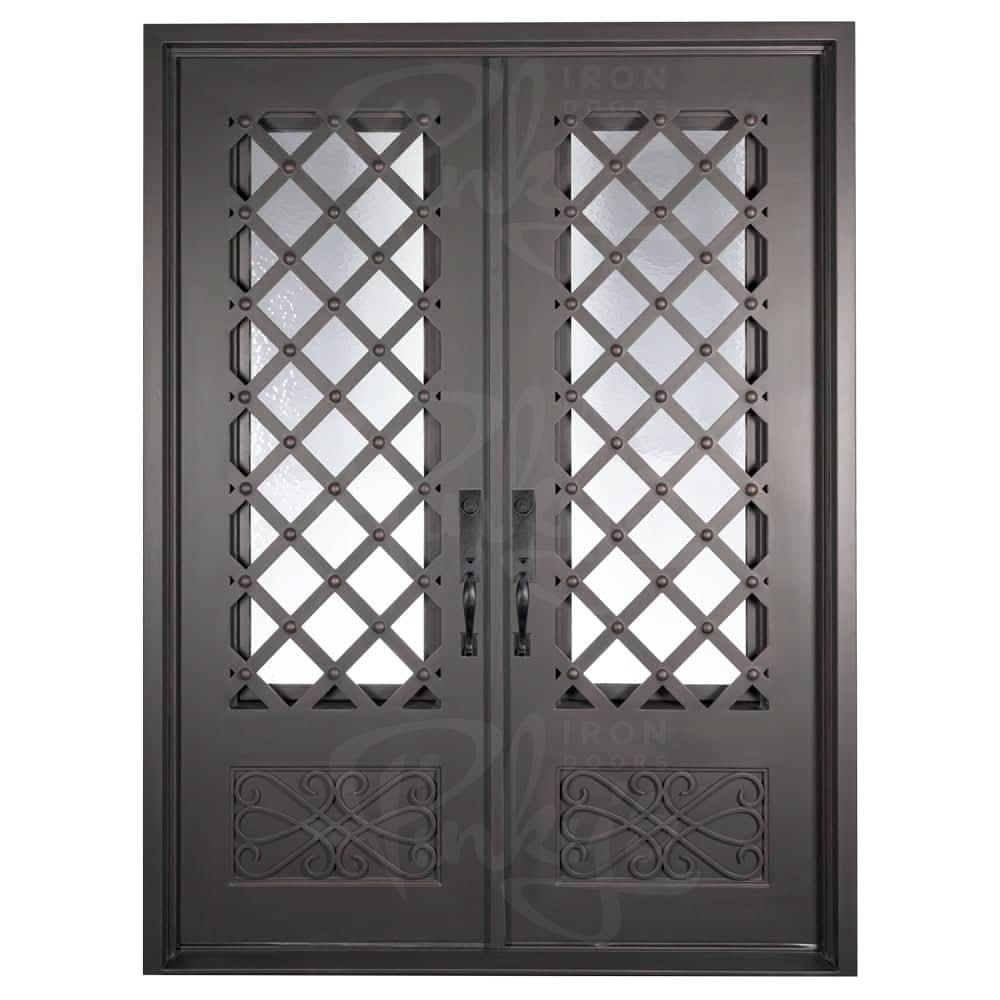 Double entryway doors with a glass panel behind intricate iron detailing. Doors are made of iron and steel and are thermally broken to protect from extreme weather.