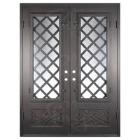 Double entryway doors made with a thick iron frame. Doors feature 3/4 glass panels behind intricate iron designs.