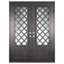 Load image into Gallery viewer, Double entryway doors made with a thick iron frame. Doors feature 3/4 glass panels behind intricate iron designs.