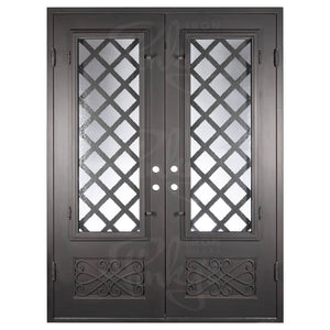 Double entryway doors made with a thick iron frame. Doors feature 3/4 glass panels behind intricate iron designs.
