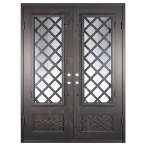 Double entryway doors made with a thick steel and iron frame and two paned windows behind an intricate iron pattern. Doors are thermally broken to protect from extreme weather.