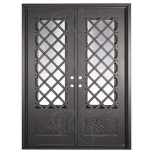 Load image into Gallery viewer, Double entryway doors made with a thick iron frame. Doors feature 3/4 glass panels behind intricate iron designs.
