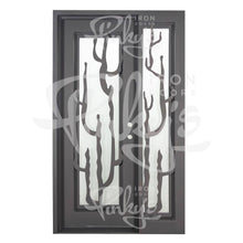 Load image into Gallery viewer, PINKYS Roadtrip gorgeous desert themed metal single door with sidelights features a distinct cacti design running the vertical length of the single door with sidelights.