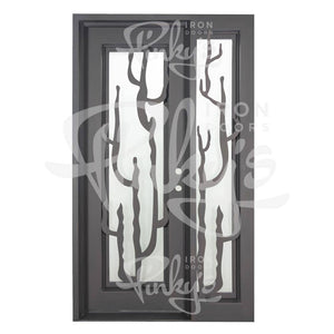 Single entryway door with a thick iron and steel frame. Door features a full-length pane of glass behind iron cactus detailing, a single sidelight and is thermally broken to protect from extreme weather.