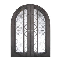 Double entryway doors with full panes of glass behind intricate iron detailing. Doors feature a full arch and are thermally broken to protect from extreme weather.