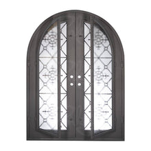 Load image into Gallery viewer, Double entryway doors with full panes of glass behind intricate iron detailing. Doors feature a full arch and are thermally broken to protect from extreme weather.