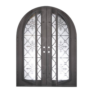Double entryway doors with full panes of glass behind intricate iron detailing. Doors feature a full arch and are thermally broken to protect from extreme weather.