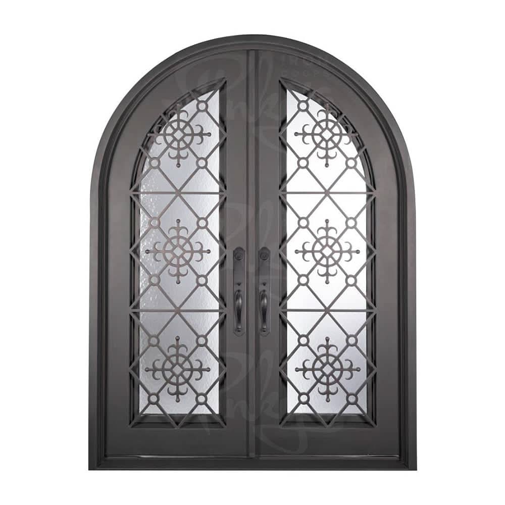 San Francisco double round top hinged door with decorative metalwork and glass in bronze.