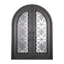 Load image into Gallery viewer, Double entryway doors with full panes of glass behind intricate iron detailing. Doors feature a full arch and are thermally broken to protect from extreme weather.