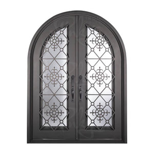 Double entryway doors with full panes of glass behind intricate iron detailing. Doors feature a full arch and are thermally broken to protect from extreme weather.