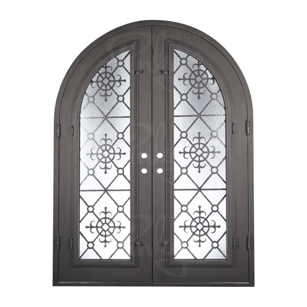 San Francisco double radius top french front door with operable glass panel and scrollwork.