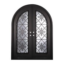 Load image into Gallery viewer, Double entryway doors with full panes of glass behind intricate iron detailing. Doors feature a full arch and are thermally broken to protect from extreme weather.