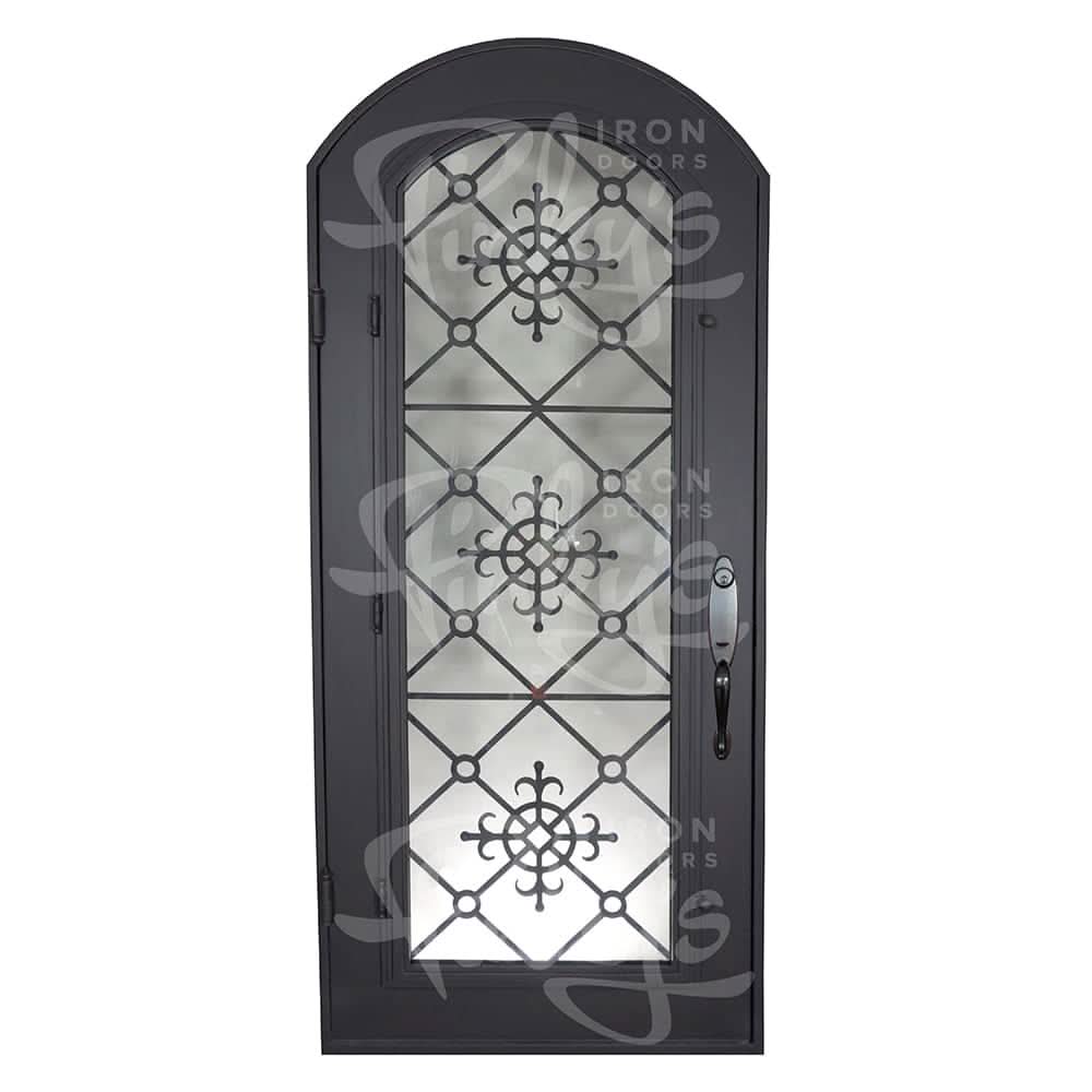 San Francisco single arch top single door with ornate scrollwork in black.