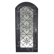 San Francisco single arch top single door with ornate scrollwork in black.