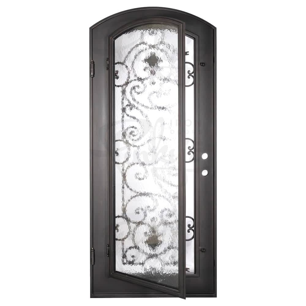 Shavo curved top swinging door in matte black finish for cold weather.