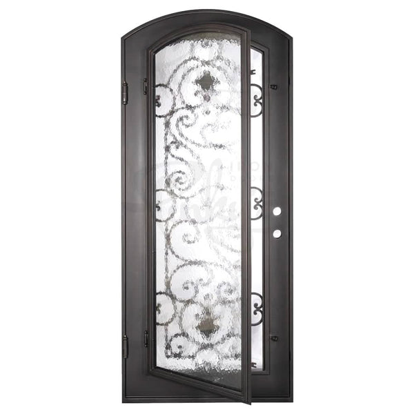 Shavo curved top swinging door in matte black finish for cold weather.