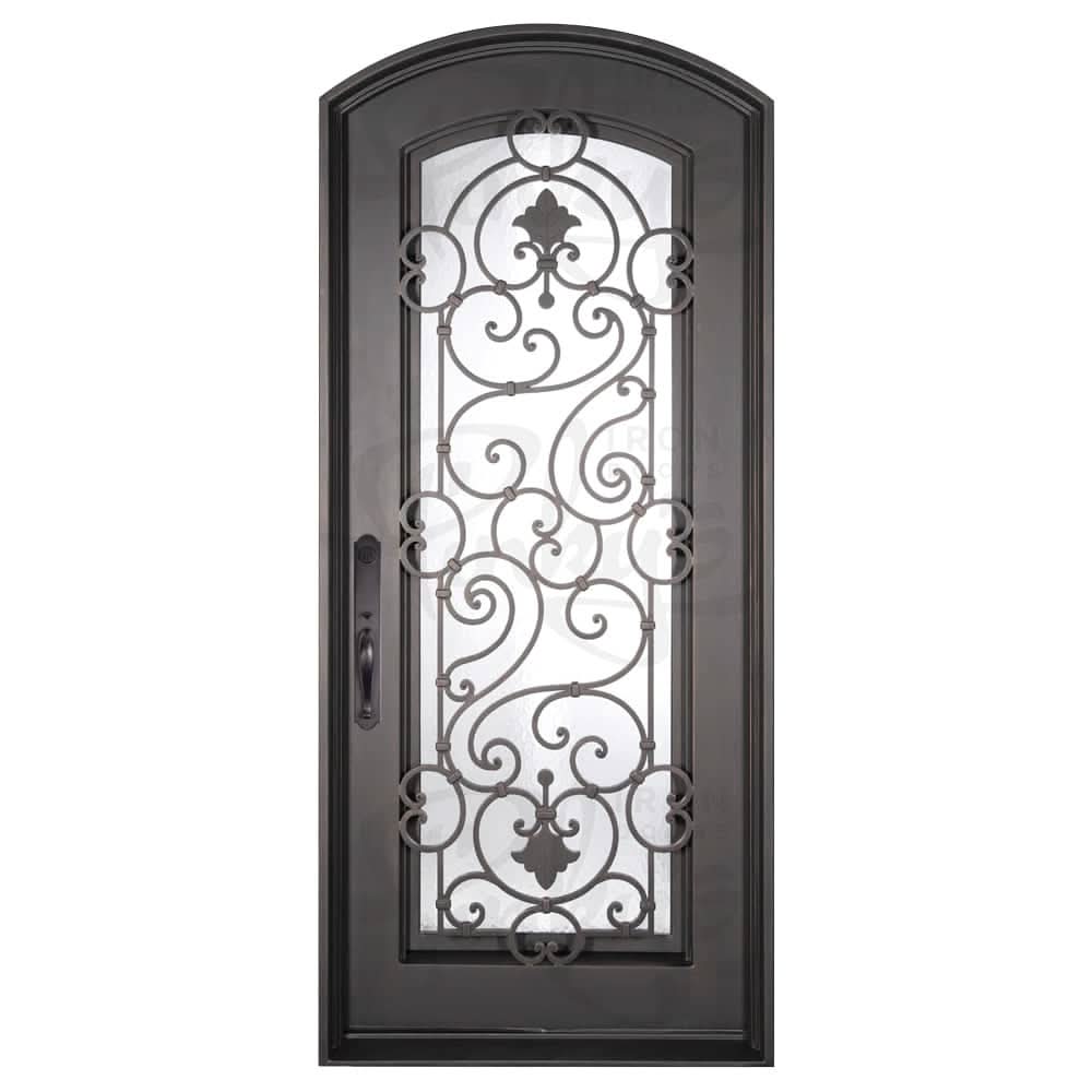 Shavo soft arch top iron door with thermal break in black finish.