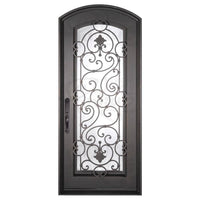 Single entryway door with full length pane of glass behind intricate iron detailing. Door features a slight arch and is thermally broken to protect from extreme weather.