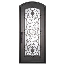 Load image into Gallery viewer, Single entryway door with full length pane of glass behind intricate iron detailing. Door features a slight arch and is thermally broken to protect from extreme weather.
