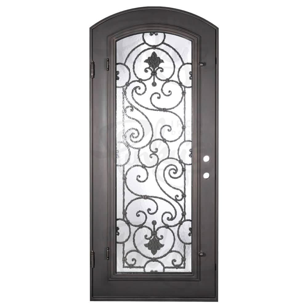 Shavo arch top hinged door with thermal barrier in bronze finish.