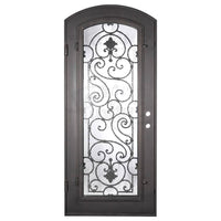 Single entryway door with a full length pane of glass behind intricate iron detailing.