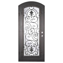 Load image into Gallery viewer, Single entryway door with full length pane of glass behind intricate iron detailing. Door features a slight arch and is thermally broken to protect from extreme weather.