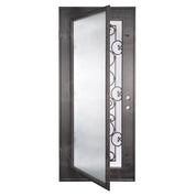 Shavo Pre-hung bronze color iron flat top single door with operable glass panel.