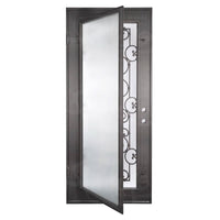 Single entryway door with a full length pane of glass behind intricate iron detailing.