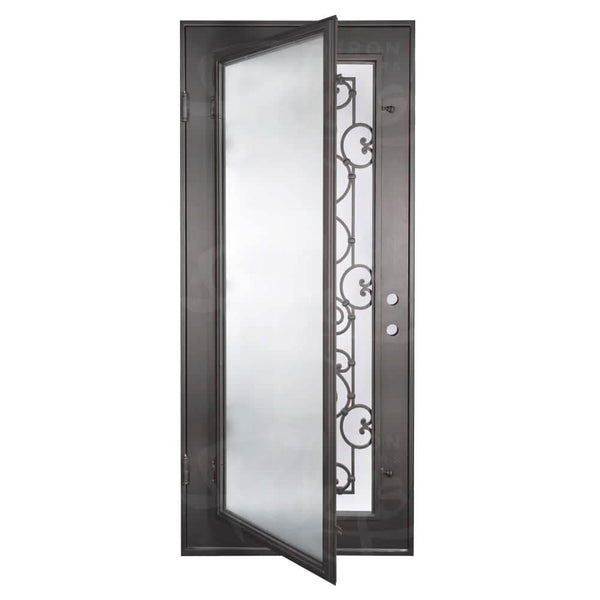 Shavo straight top single flat door with thermal break and decorative metalwork.