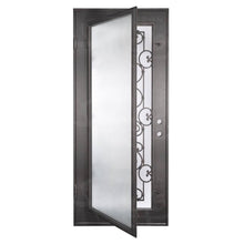 Load image into Gallery viewer, Single entryway door with a full length pane of glass behind intricate iron detailing and thick iron frame. Door is thermally broken to protect from extreme weather.