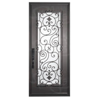 Single entryway door with a full length pane of glass behind intricate iron detailing and thick iron frame. Door is thermally broken to protect from extreme weather.