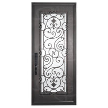 Load image into Gallery viewer, Single entryway door with a full length pane of glass behind intricate iron detailing and thick iron frame. Door is thermally broken to protect from extreme weather.