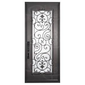 Single entryway door with a full length pane of glass behind intricate iron detailing and thick iron frame. Door is thermally broken to protect from extreme weather.