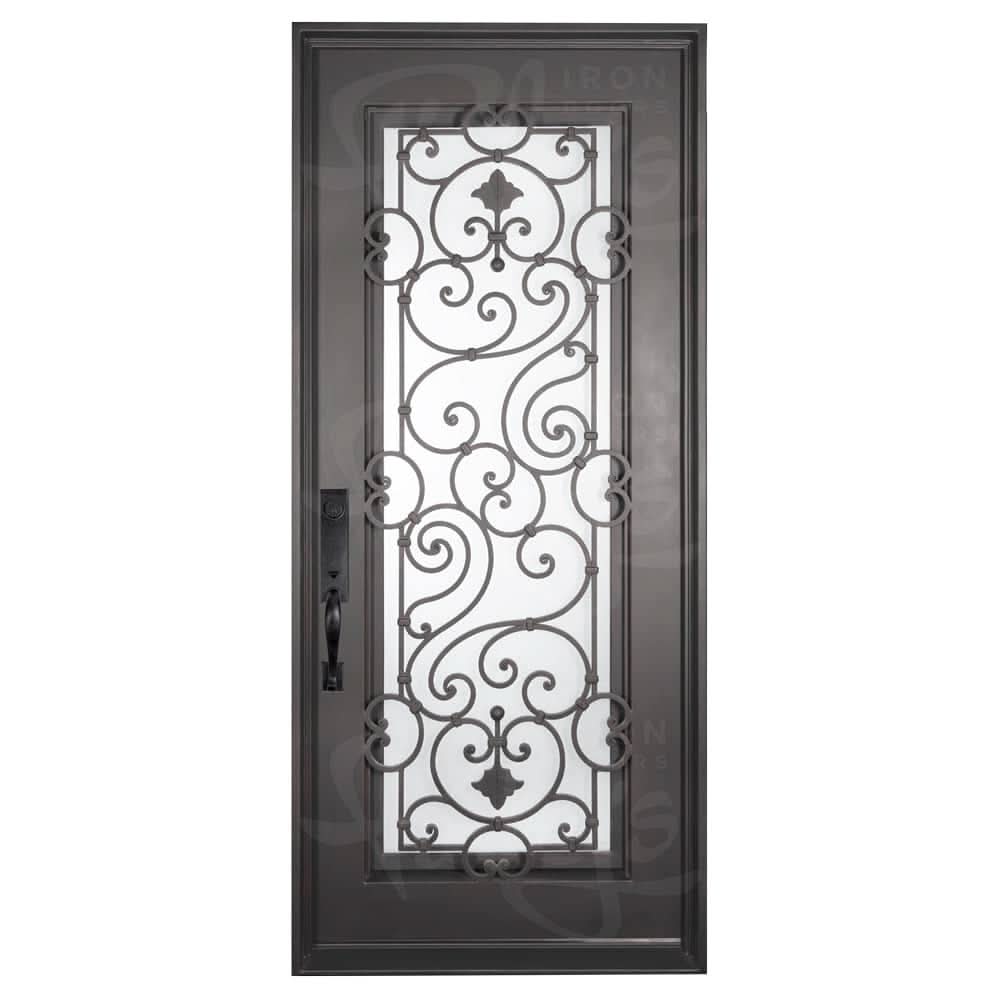 Shavo Bronze color exterior metal flat top single hinged door with glass panel.