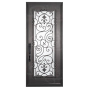 Shavo Bronze color exterior metal flat top single hinged door with glass panel.