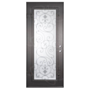 Single entryway door with a full length pane of glass behind intricate iron detailing and thick iron frame. Door is thermally broken to protect from extreme weather.