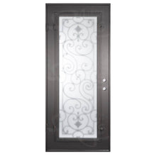 Load image into Gallery viewer, Single entryway door with a full length pane of glass behind intricate iron detailing and thick iron frame. Door is thermally broken to protect from extreme weather.