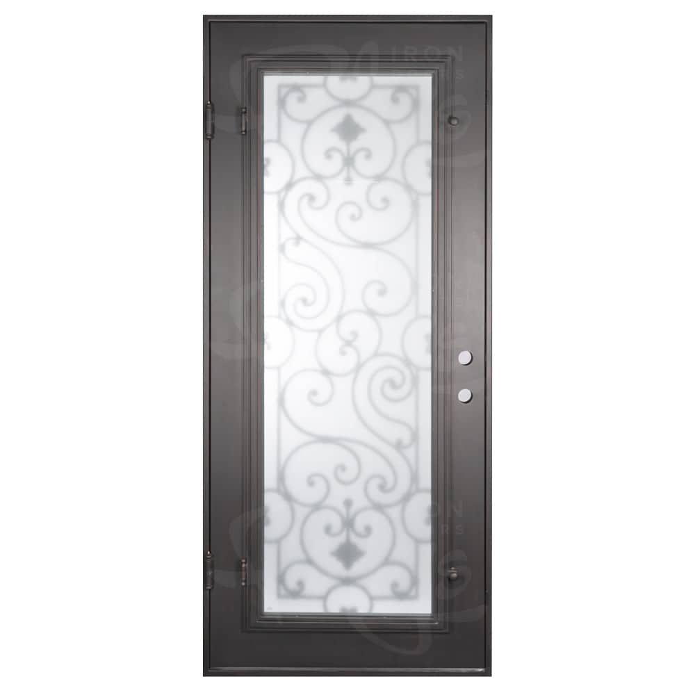 Shavo Single flat top door with double-pane tempered glass and ornate ironwork.