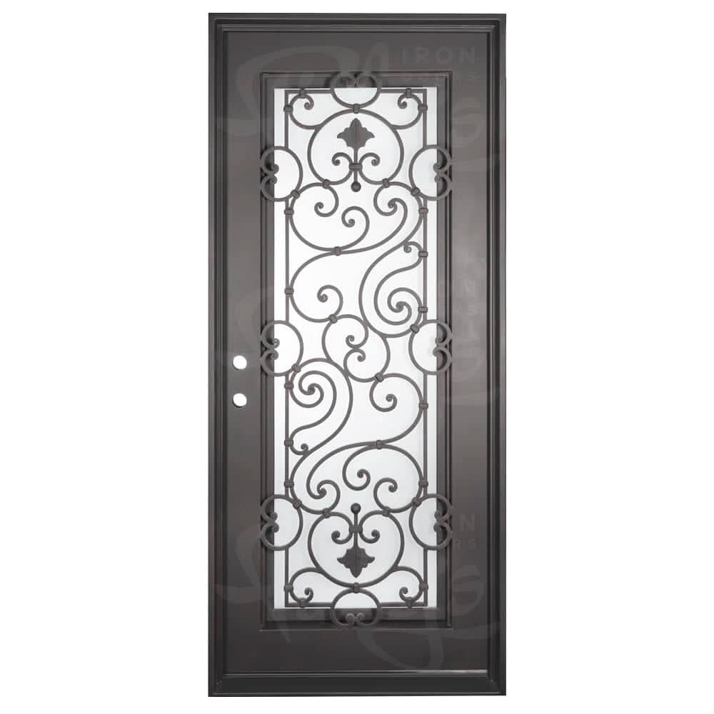 Shavo Single flat top front door with ornate scrollwork and glass insert.
