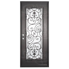 Load image into Gallery viewer, Single entryway door with a full length pane of glass behind intricate iron detailing and thick iron frame. Door is thermally broken to protect from extreme weather.