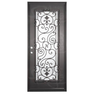 Single entryway door with a full length pane of glass behind intricate iron detailing and thick iron frame. Door is thermally broken to protect from extreme weather.