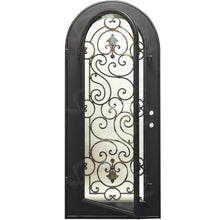 Load image into Gallery viewer, Single entryway door with a full length pane of glass behind intricate iron detailing and a thick iron frame. Door is thermally broken to protect from extreme weather.